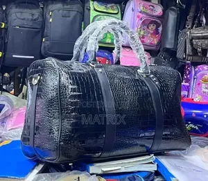 Black Crocodile-Embossed Faux Leather Duffel Travel Bag.