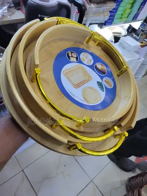 3pics Round Bambo Trays Set With Gold Handles