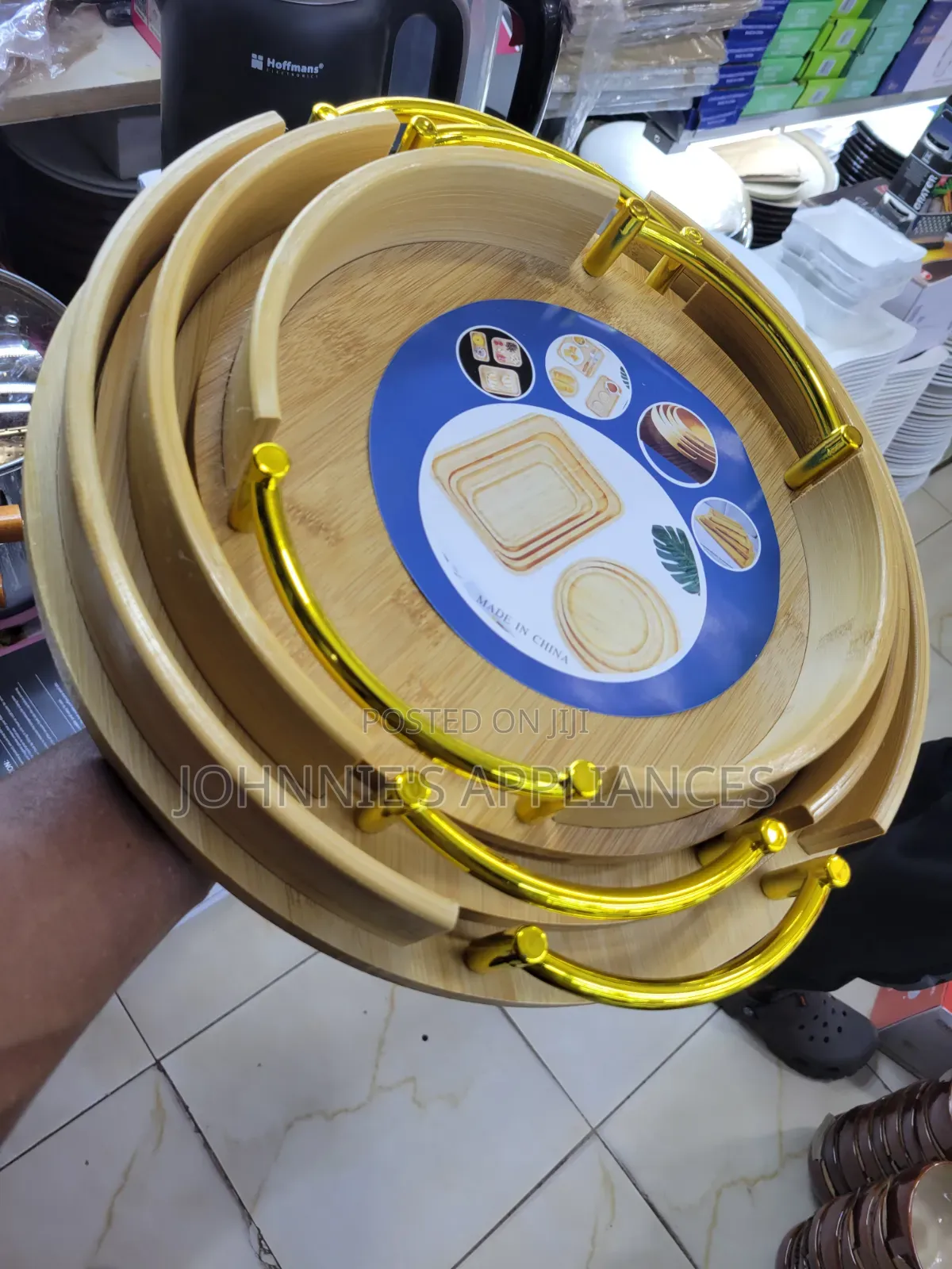 3pics Round Bambo Trays Set With Gold Handles