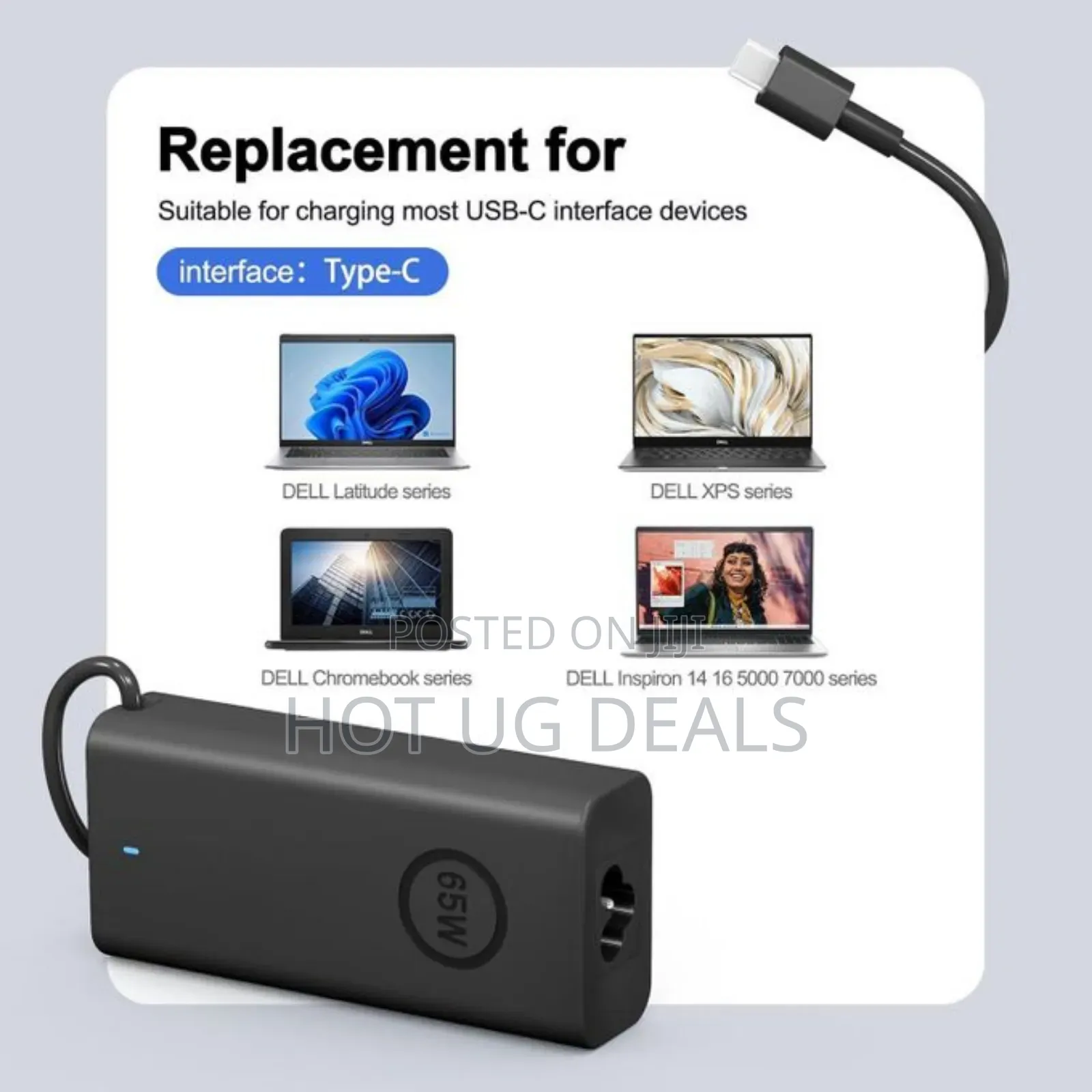 Dell Original Usb Type C Charger 65w for Laptop With Power Cable-Black