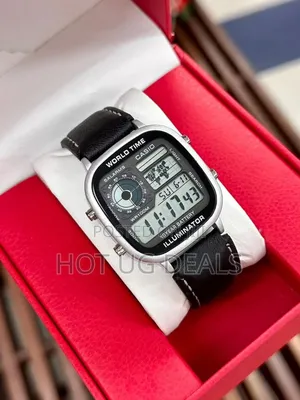 Casio Men's World Time Leather Strap Digital Watch - Black
