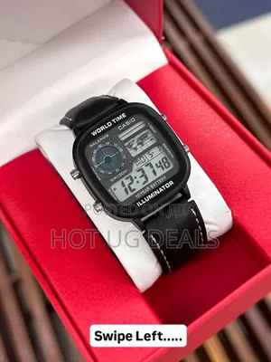 Casio Men's World Time Leather Strap Digital Watch - Black