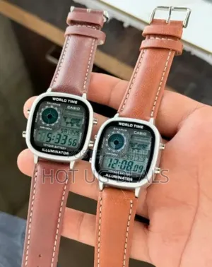 Casio Men's World Time Leather Strap Quartz Digital Watch - Brown
