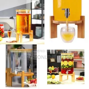 Modern Glass Beverage Dispenser With Wood Stand and Spigot-Transparent