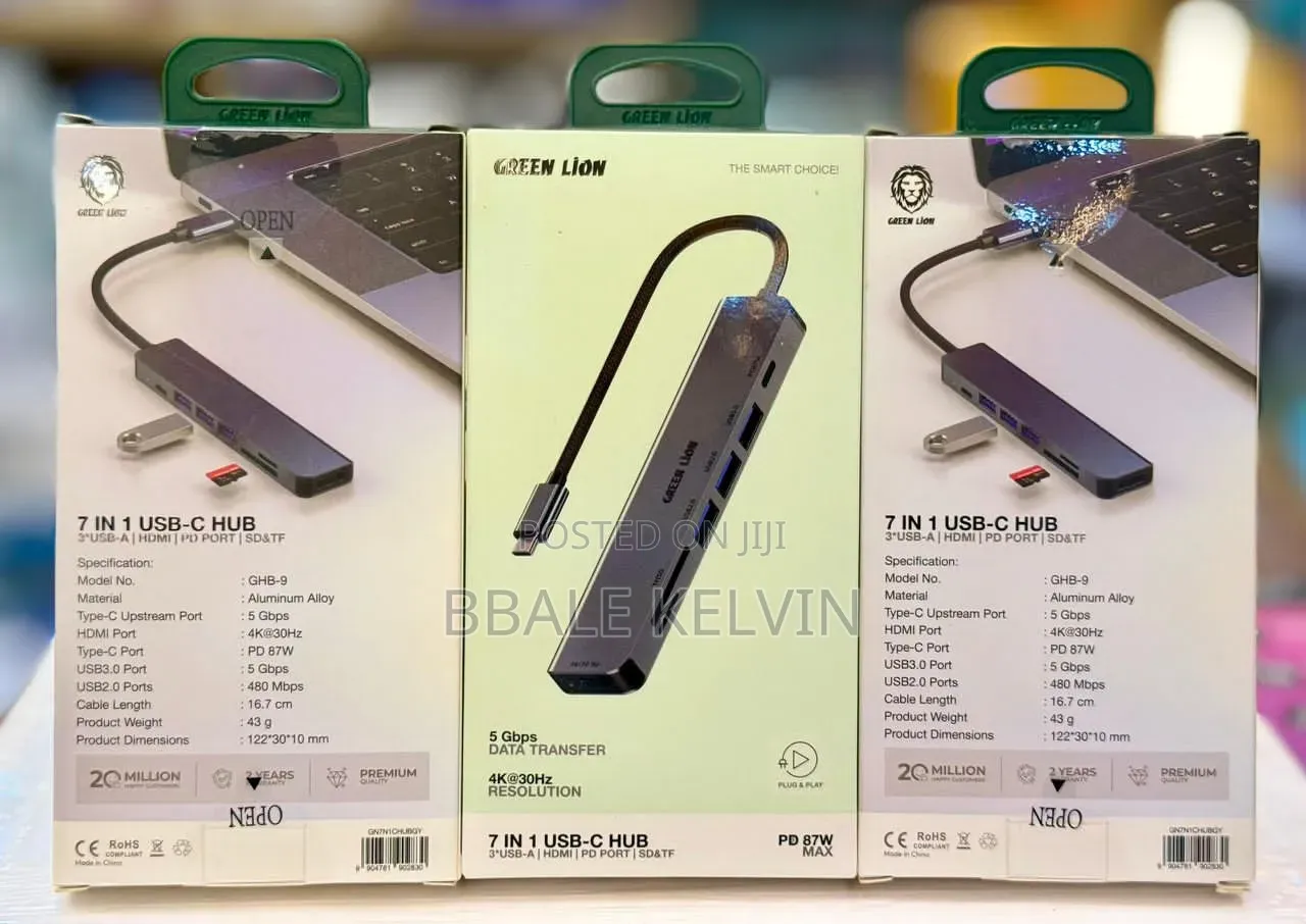 Green Lion 7in1 Usb-C Hub, Sd/Tf Card Input, 87w Pd, Hdmi at 30hz