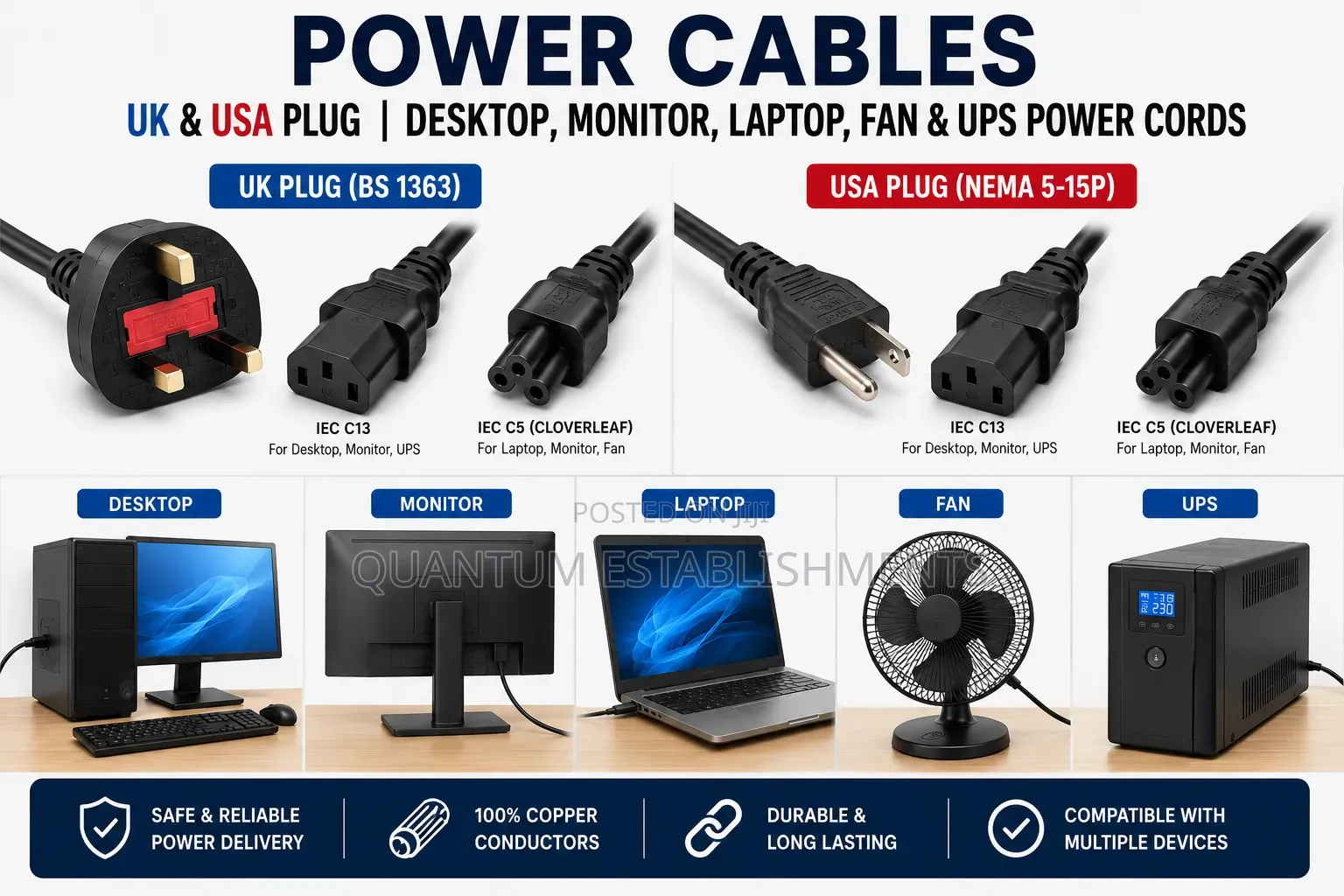 Power Cables Uk/Usa Plugs | Desktop, Monitor, Laptop, Fan, TVS and Ups