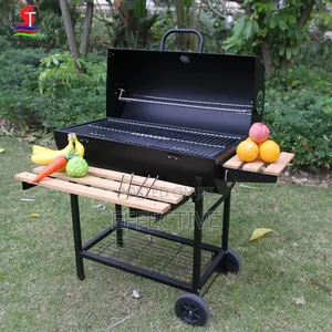 Metal Trolley Charcoal Barbecue Grill With a Wooden Shelf.
