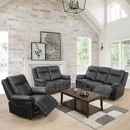 Six Seater Leather Sofa in Black