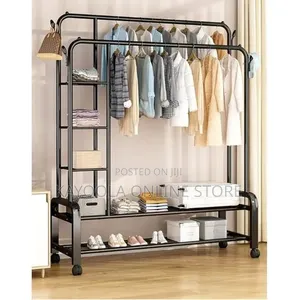 Heavy - Duty Metal Double Clothes Rack With Shelves and Wheels(68)