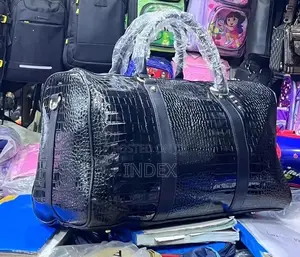 Black Crocodile-Embossed Faux Leather Duffel Travel Bag.