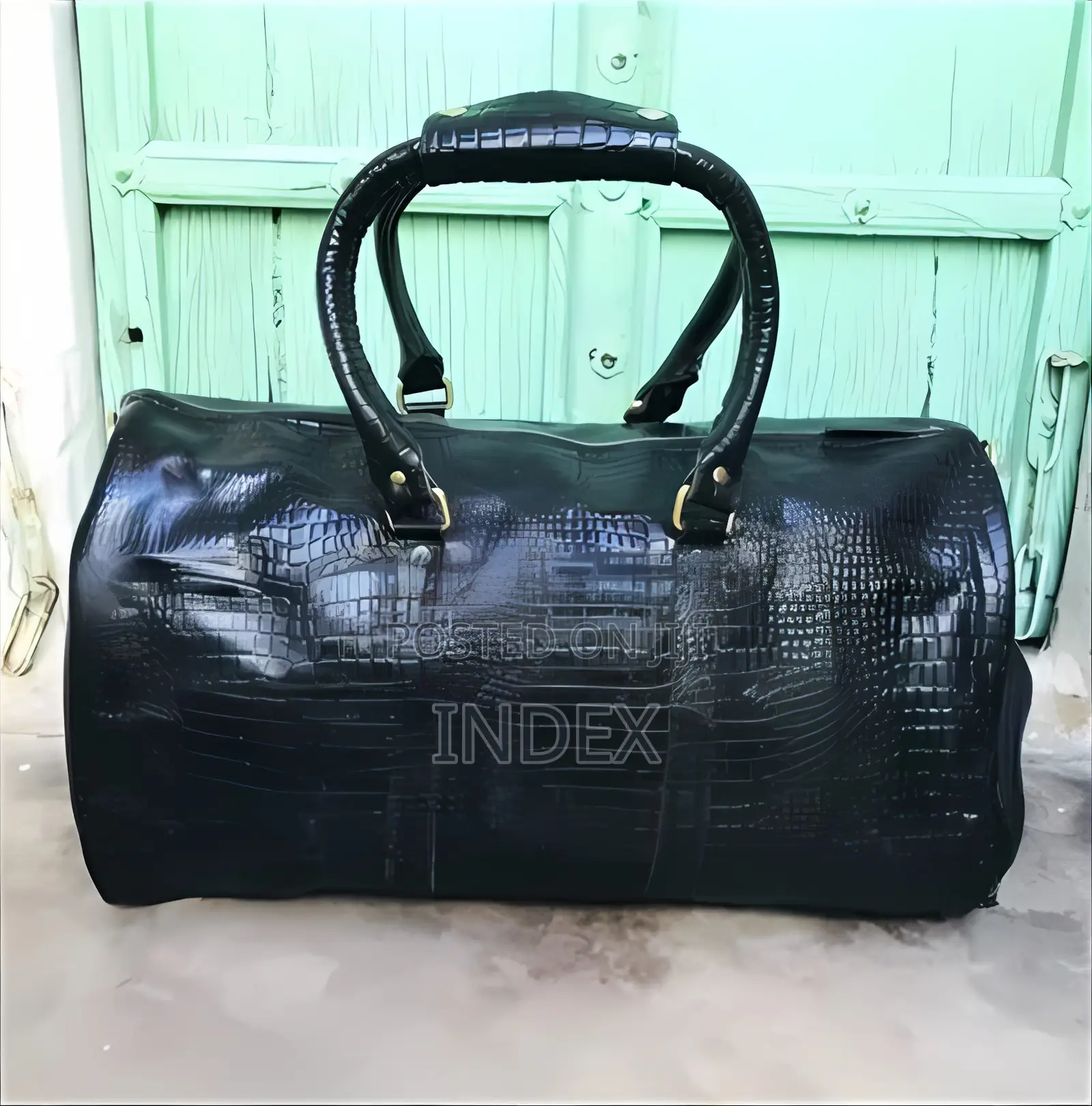 Black Crocodile-Embossed Faux Leather Duffel Travel Bag.