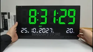 Digital Wall Clock With a Large Green Led Display and Temperature.