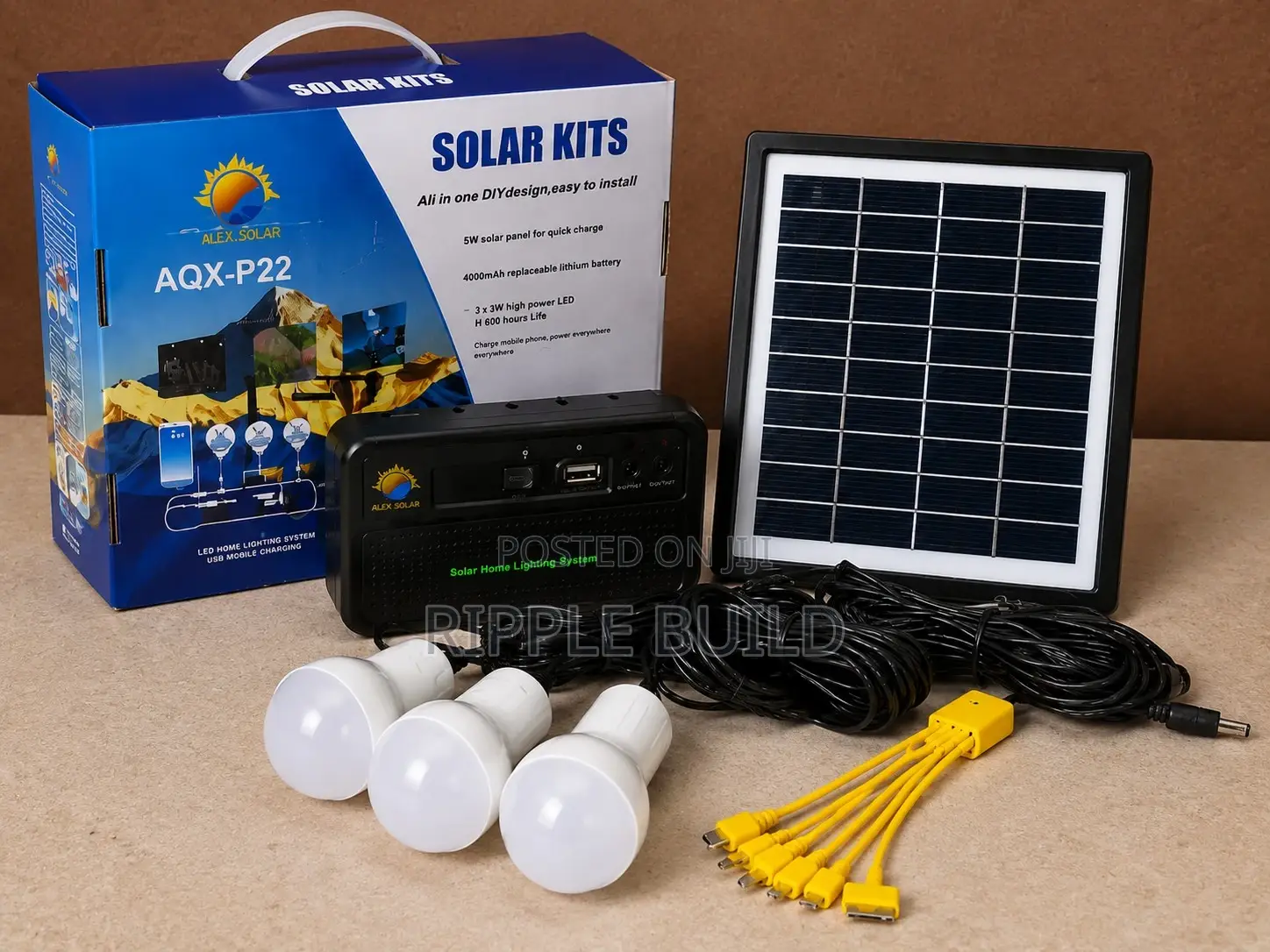 Portable 5w Solar Lighting System With 3 Bulbs Usb Charging Kit