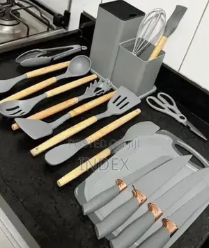 Grey Silicone Kitchen Utensil and Knife Set With Wooden Handles