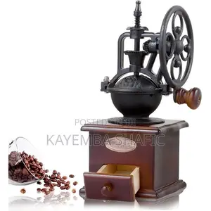 Vintage Manual Flywheel Coffee Grinder - Antique Wooden Base