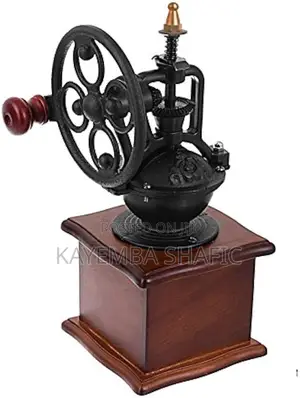 Vintage Manual Flywheel Coffee Grinder - Antique Wooden Base