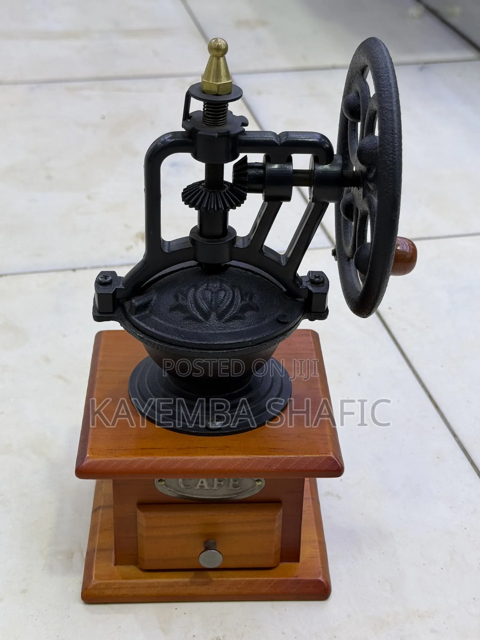 Vintage Manual Flywheel Coffee Grinder - Antique Wooden Base