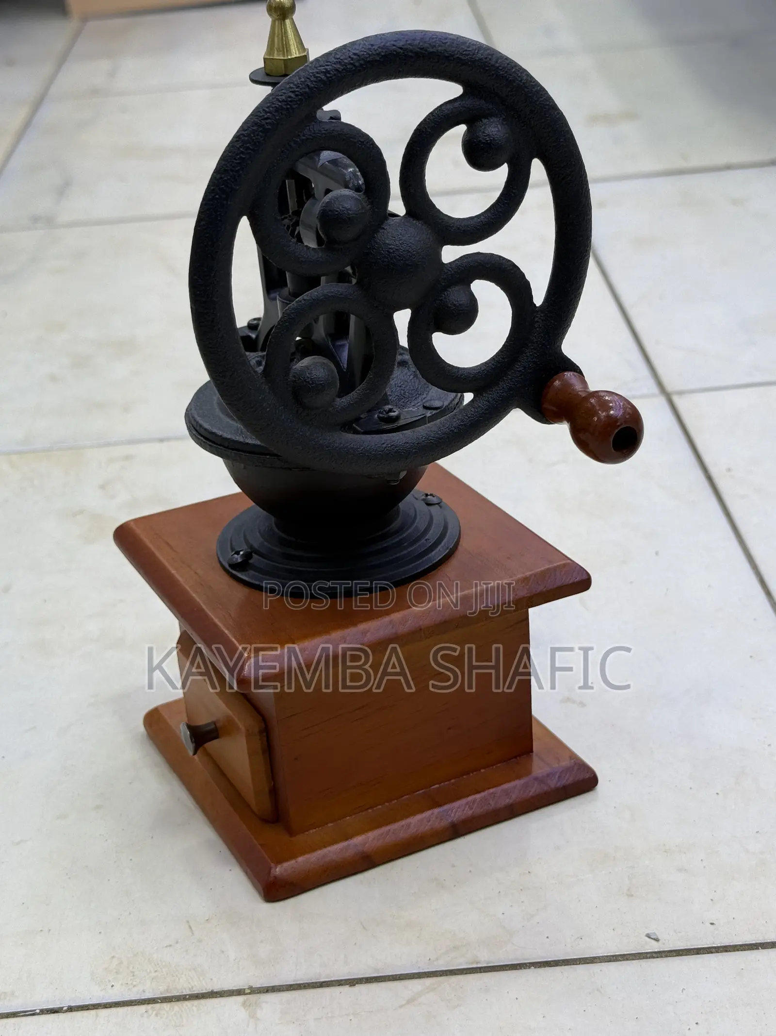 Vintage Manual Flywheel Coffee Grinder - Antique Wooden Base