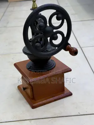 Vintage Manual Flywheel Coffee Grinder - Antique Wooden Base