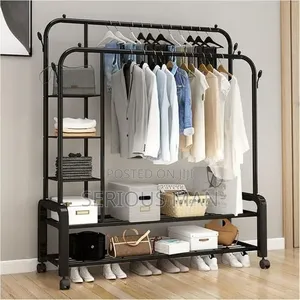 5 Tier Storage Shelves Coat Rail And 4 Holders Double Pole Clothes