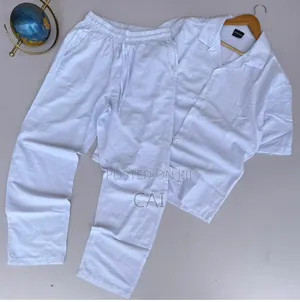 Crisp White Linen Two Pieces. Shirt-Trouser, Shirt-Short