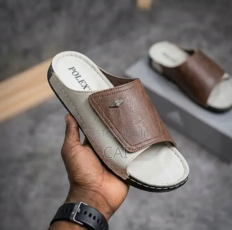 Polex Brand Black Leather Strap Slide Sandals