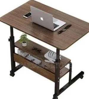 Multi-Tier Rolling Laptop Table With a Dark Wood Grain Top .