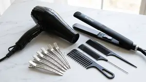 Hair Styling Combo - Hair Dryer, Hair Flat Iron, Section Clips, Combs.