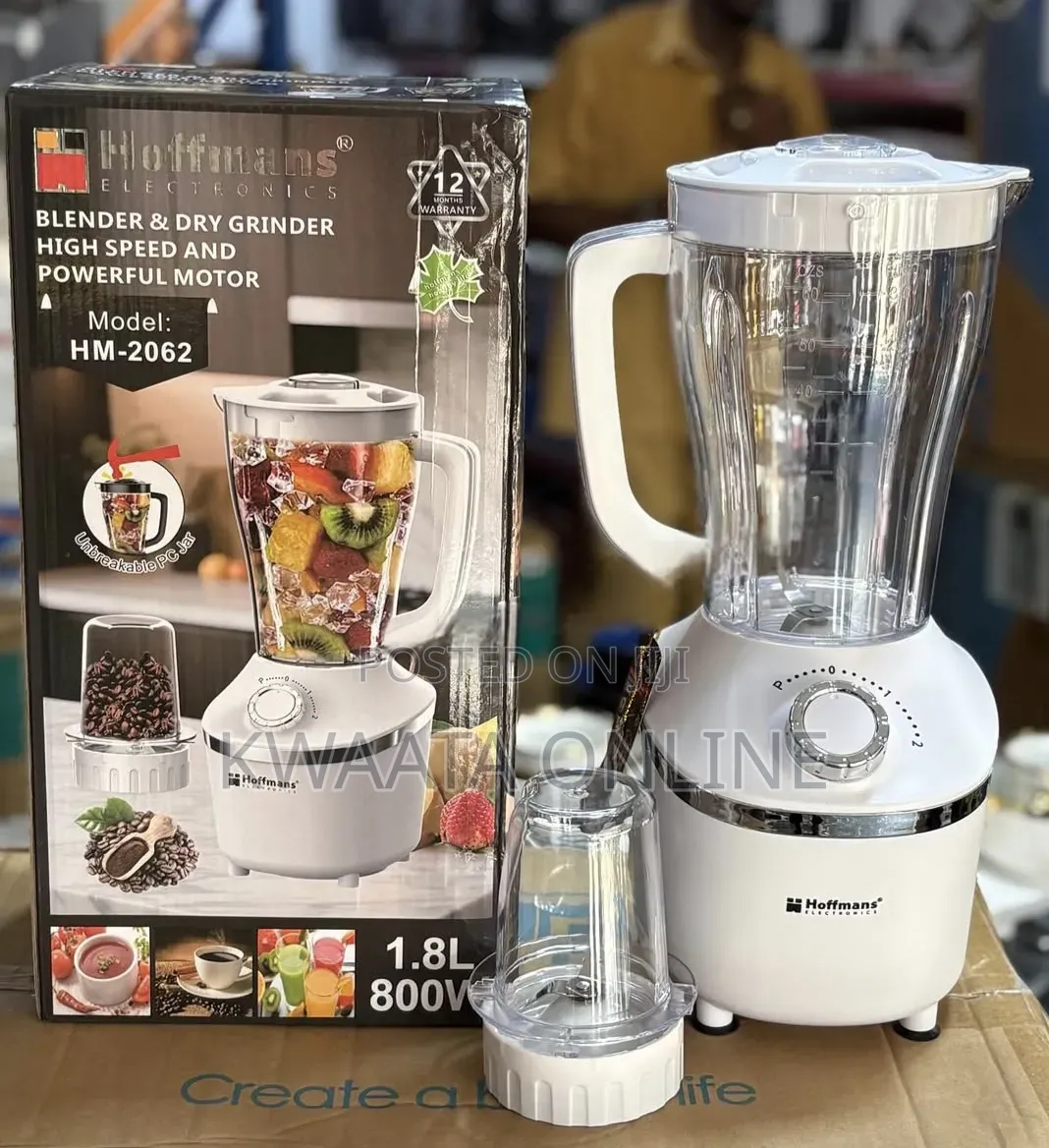 2 in 1 Hoffmans Blender and Dry Grinder 1.8litres, Model Hm-2062