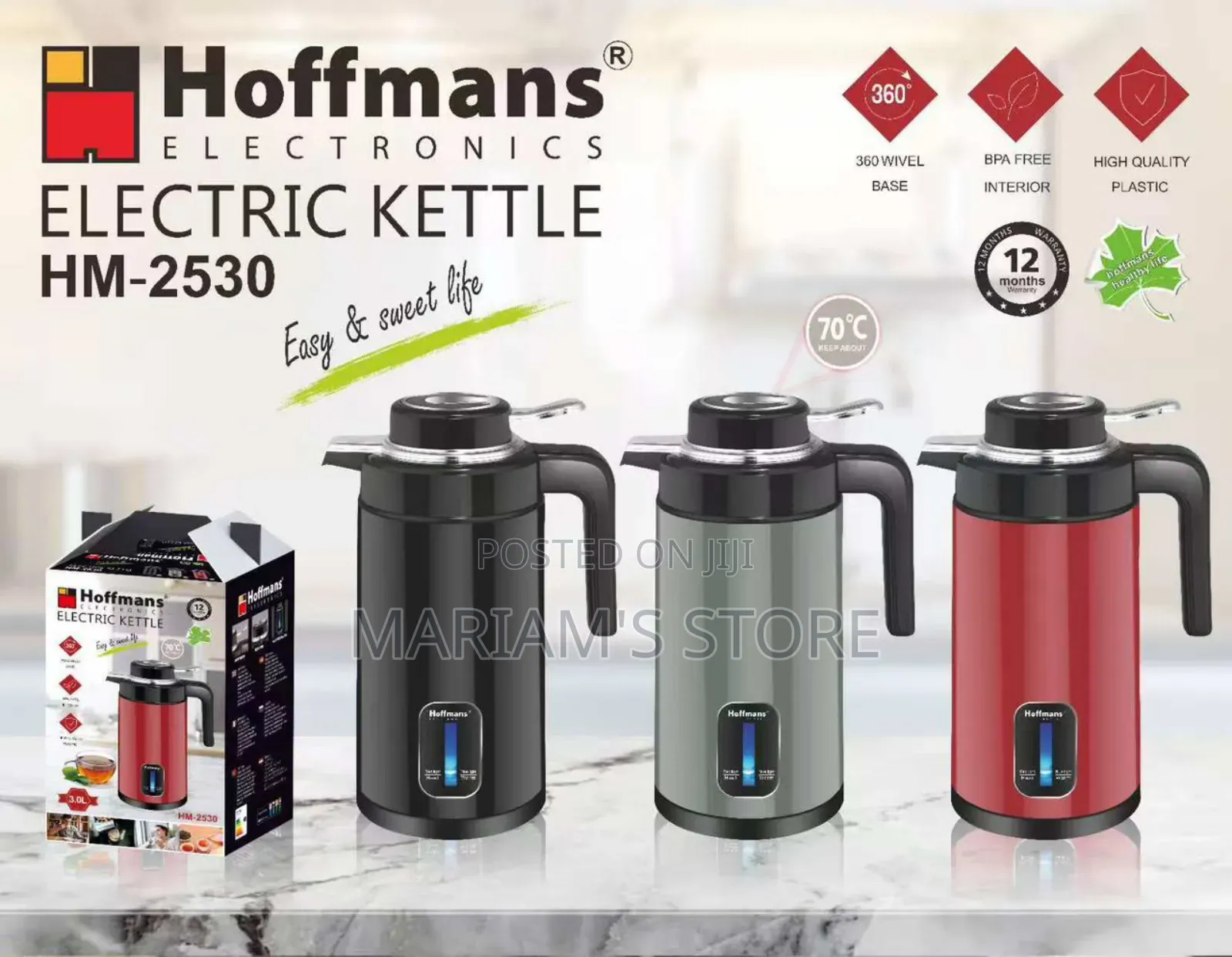 Hoffmans Hm-2530 Electric Kettle With a 3.0-Liter Capacity.