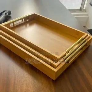Set of 3pcs Bamboo Wooden Trays With Golden Handles - Brown