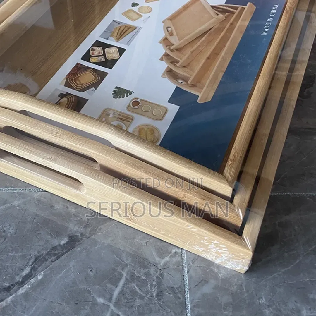 Set of 3pcs Bamboo Wooden Trays With Golden Handles - Brown