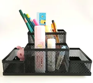 Black Mesh Pen Holder, Mesh Desk Organizer 4 Compartments