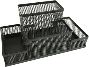 Black Mesh Pen Holder, Mesh Desk Organizer 4 Compartments
