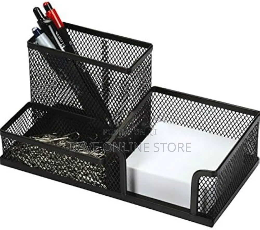 3 Compartment Multi Functional Metal Mesh Desk Organizer , Black)