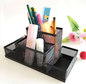 Black Mesh Pen Holder, Mesh Desk Organizer 4 Compartments Desktop .