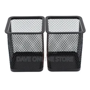 Metal Pen Pot Square Mesh Pencil Holder Container Organizer (Black)