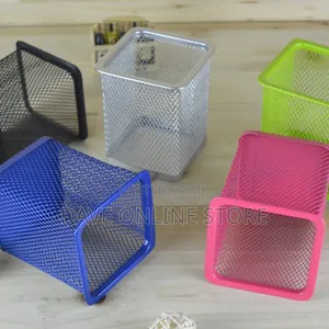 Metal Pen Pot Square Mesh Pencil Holder Container Organizer (Black)