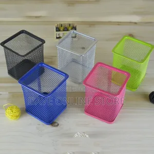 Metal Pen Pot Square Mesh Pencil Holder Container Organizer (Black)