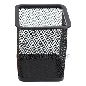 Metal Pen Pot Square Mesh Pencil Holder Container Organizer (Black)