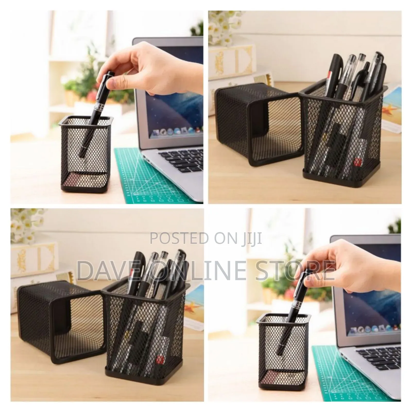 Metal Pen Pot Square Mesh Pencil Holder Container Organizer (Black)