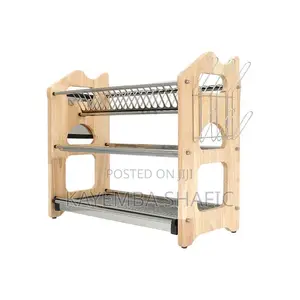 Heavy Duty Stainless Steel 3-Layer Dish Rack With Wood Frame
