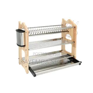Heavy Duty Stainless Steel 3-Layer Dish Rack With Wood Frame