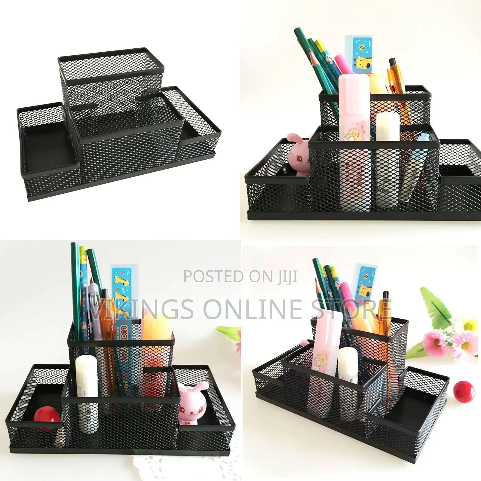 Black Mesh Pen Holder, Mesh Desk Organizer 4 Compartments Desktop