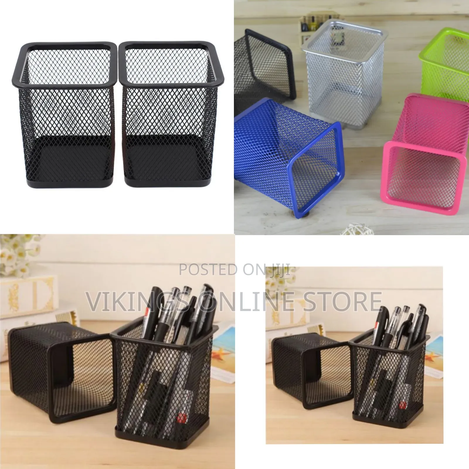 Metal Pen Pot Square Mesh Pencil Holder Container Organizer (Black)
