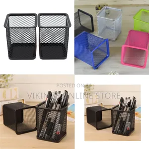 Metal Pen Pot Square Mesh Pencil Holder Container Organizer (Black)
