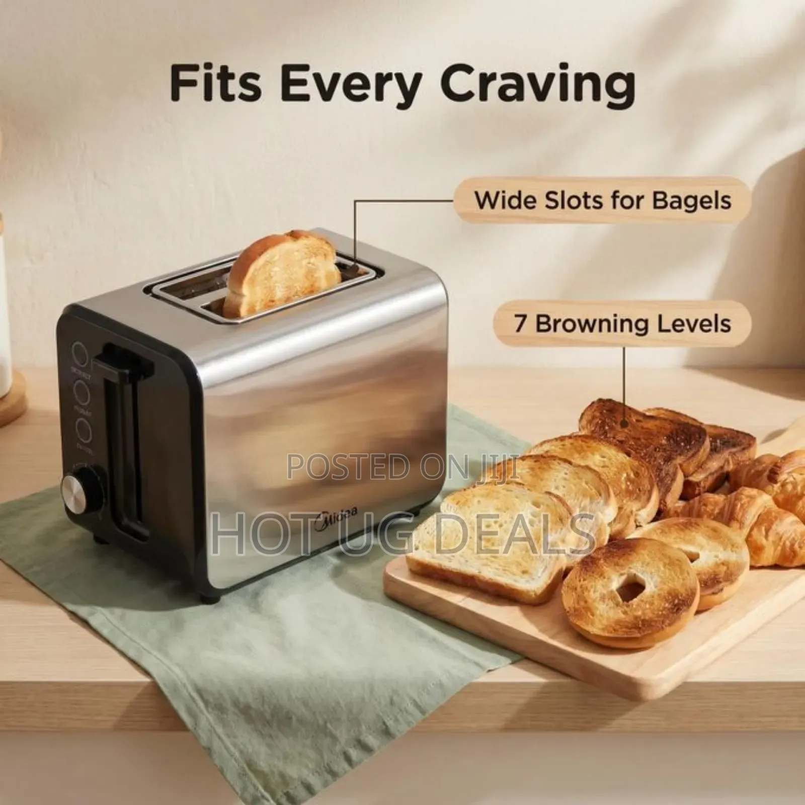 Midea 2 Slice Stainless Steel Toaster- Silver Black