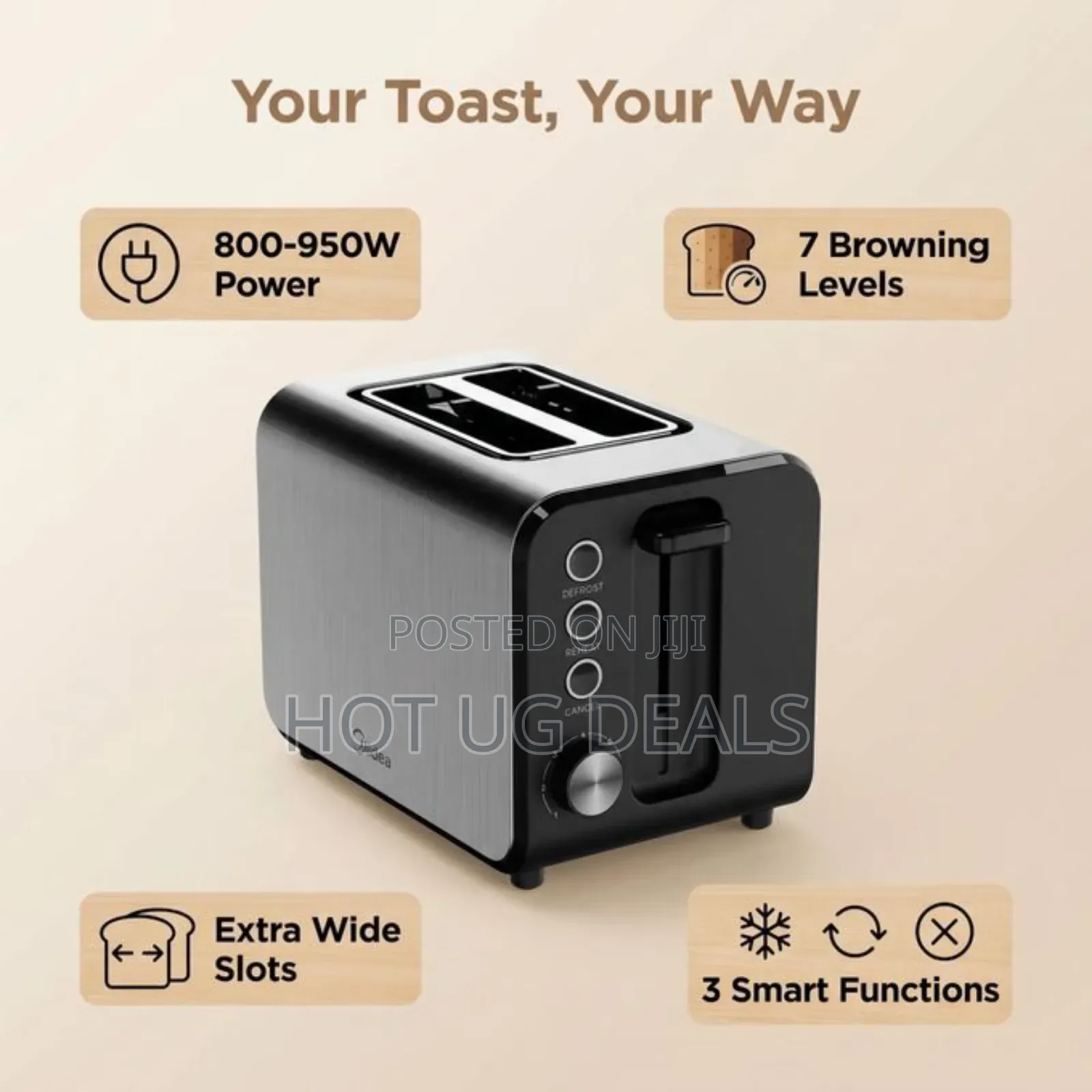 Midea 2 Slice Stainless Steel Toaster- Silver Black