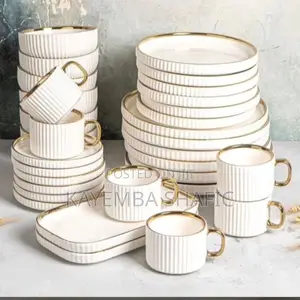 New 32-Piece Premium Ribbed Porcelain Dinner Set - White Gold