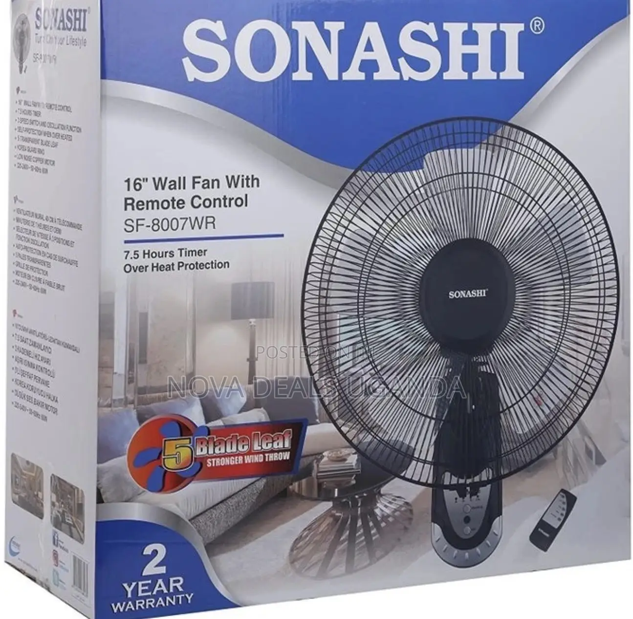 Sonashi 16 Inch Wall Fan With Remote Control Metallic Blades
